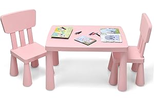COSTWAY Set Tavolo e Sedie per Bambini 1-7 Anni, 2 Sedie Ergonomiche con Schienale, Materiale PP Atossico e Inodore, Angoli Arrotondati, Adatto per Giocare, Disegnare e Leggere, Portata 50kg (Rosa)