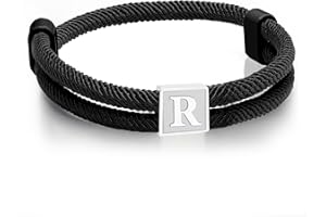 Esmoly Pulsera Hombre con Plata Letra A-Z Negro Cuerda Pulsera Tela Ajustable Regalos para Hombre Chico
