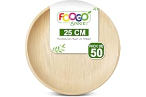 FOOGO Green 50 Platos Desechables de Hoja de Palma, 25 cm, Redondos Grandes, Biodegradables, Compostables, Como Platos de Madera, Bambú, Papel, para Comida Caliente, Bodas, Picnics, Fiestas