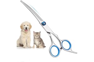 BUBUXY Hunde Scheren, Gebogene Schere Hund Fellschere Für Hunde, Hund und Katze Sicherheit Runde Spitze Grooming Schere, Edelstahl-Fellschere für Hunde und Katzen (Blau Gebogene Schere)