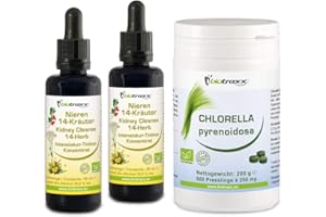 ‎BIOTRAXX Biotraxx Nieren - und Blasenreinigung 100% natürliche Kräuterkur 2x 50ml Tinktur plus 200g Chlorella | Produziert in Deutschland