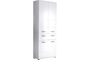 ‎TRENDTEAM SMART LIVING trendteam smart living - Skin - Hochschrank - Weiß/Weiß Hochglanz - Badschrank 12 Fächer und 2 Schubladen - (BxHxT) 30 x 182 x 31 cm - Schwarze Griffe - Kratzfest