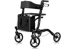 COSTWAY Folding Rollator, 4 Wheels Mobility Walker with Seat, Break, Adjustable Handle, Cane Holder and Detachable Storage Bag, Lightweight Walking Aid for Elderly Handicapped (Black)