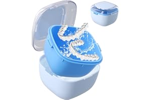 FESSOSKO Zahnspangendose mit Sieb, Transparente Gebissdose für Prothesen und Zahnspangen, Tragbare Prothesenbox mit Sichtfenster, Reinigungsbox für Zahnschienen, Blau
