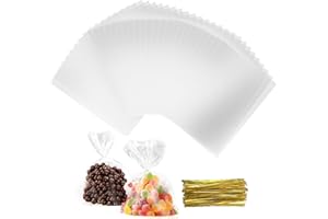 Frogetu 50 Dużych Torebek Celofanowych z Metalicznymi Wiązaniami, 20 x 30 cm, Przezroczyste na Prezenty, Ciastka, Słodycze, Wypieki, Chleb