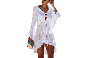 Bsubseach Damski szydełkowany strój kąpielowy z wyciętymi rękawami sukienka plażowa, biały, Rozmiar uniwersalny