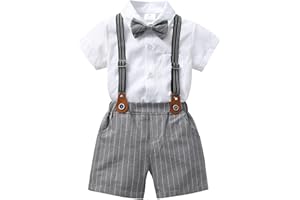Volunboy Bébé Garçon Ensemble Costume, Manches Courtes Noeud Papillon Chemise avec Short Bretelle Barboteuse
