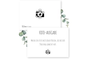 GLEDESTUND Fotoaufgaben Hochzeit – 100 Karten mit 90 kreativen Aufgaben + 10 Blanko-Karten, nachhaltig produziert und in modernem, schlichtem Design | Perfektes Hochzeitsspiel für Gäste