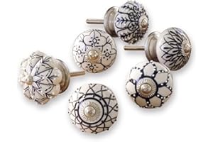 Loberon Kommodengriffe 6er Set Giéville, sechs unterschiedliche Designs, aufwendig verziert, Knäufe, Dekoration, Eisen, Keramik, weiß/schwarz