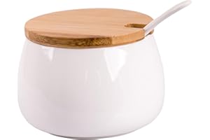 OMAGO, Cukiernica biała, pojemna cukiernica z łyżeczka, porcelanowa, bambus, okrągły pojemnik na cukier, nowoczesny styl