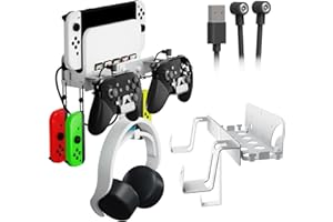 EJGAME Wandhalterung kompatibel mit Nintendo Switch/OLED, Metall-Wandhalterungs-Set, Regalständer, Zubehör mit Haken zum Aufhängen von Kopfhörern und Joy-Cons, Dual-Controller-Halterung (weiß)