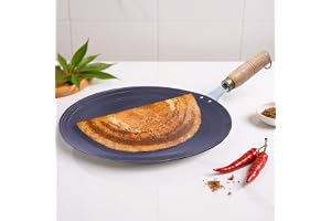 Bluevel Premium Pure Iron Tawa for Roti with Wooden Handle Dosa Pan Iron Tawa for Kitchen Gas & Induction Compatible Naturally Nonstick, 100% Pure & Toxin-Free-11 Inch/27 cm(Concave)