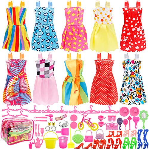 Total 66pcs - 10 Pack Doll Clothes Party Gown Outfits+ 55pcs Dolls Accessories Shoes Bags Necklace Mirror Hanger Tableware for Barbie Doll Girl Birthday Gift