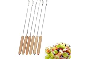 BZKSER Lot de 6 fourchettes à Fondue en Acier Inoxydable avec Manche en Bois, Couverts à Fondue en Acier Inoxydable, brochettes à Fondue, avec Manche en Bois de ChêNe RéSistant à la Chaleur, 24 cm
