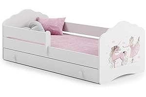 KOBI Letto Bambino Fala 140x70 con Cassetto per biancheria da letto Bianco, con grafica Ragazza con Un Unicorno, Ragazze, per una stanza dei bambini