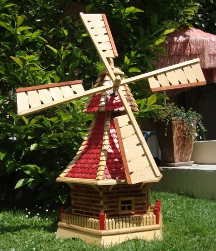 XL Windmühle, windmühlen garten, mit Holzschindeldach,OHNE PREMIUM-2X-SOLARBELEUCHTUNG-Zubehör,kugelgelagert WMS100ro-OS 1 m groß rot lasiert NEU