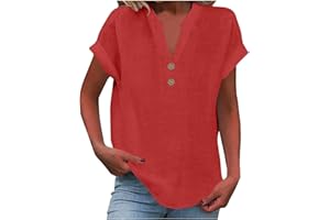 WYONGTAO Chic Et Élégant Chemises en Coton Et Lin Col V pour Femmes Chemisiers Et Blouses Femme Manches Roulées Chemisier Femme Été Ample Tunique Boutons Couleur Uni Tops Polyvalente Chemise Lin