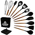 mawa Silicone Spatula Set 13 Pcs | Kitchen Utensils Set including Storage Bucket and Lid Rest| Heat Resistant Cooking Utensils Set with Wooden Handles | Black