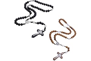 EHDWXVZM 2 x naszyjnik różaniec, naszyjnik komunia różaniec dla chłopców, różaniec krzyżowy, naszyjnik z koralików drewnianych, naszyjnik z koralików różaniec