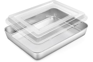Homikit Backblech, Edelstahl Rechteckige Auflaufform Ofenblech mit Luftdichtem Deckel, 31,6x24,7x4,8cm, Tiefes Kuchenblech Fettpfanne zum Backen Braten Servieren, Gesund & ungiftig, Spülmaschinenfest