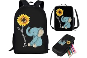 Showudesigns Elephant School Bag and Lunch Box Set for Girls Boys Backpack for School with Lunchbox and Pencil Case 3 in 1 Primary Secondary School Bookbag Sunflower Satchel