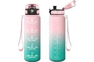 Vikastar Botella Agua 1 Litro, Motivacional Botella de Agua, Marcador de Tiempo, Botella Agua Gimnasio, Prueba de Fugas, Cantimplora, Reutilizable, Botella para Escuela, Camping, Rosa-Cyan