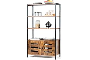CASART Storage Cabinet, Wooden Floor Kitchen Cupboard with Open Shelves, Drawer and Doors, Freestanding Storage Units for Living Room Kitchen Bathroom Office (Brown+black, 4 Shelves+2 Doors)