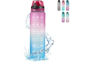 Binudum Borraccia 1 litro senza BPA, in Tritan Sportiva Borraccia con Cannuccia del tempo motivazionale per Palestra, all'aperto, Ciclismo, Scuola e Ufficio (Rosa Blu)