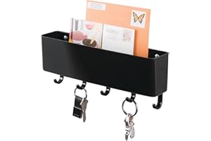 mDesign Nowoczesny organizer na listy – Plastikowy stojak na listy z haczykami na klucze – Idealny organizer do przedpokoju – Uchwyt na klucze – czarny
