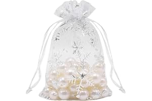 SECALIFE 50 PCS Snowflake Organza Bags for Christmas, White Organza Gift Bags White Snowflake, 10x15cm Gift Pouches with Drawstring for Christmas,Wedding Favour Jewelry Pouch Bags
