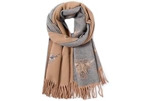 LilyRosa Women's Highland Cow Scarf Camel Grey Black Blue Pink Cream Cattle Coo Cashmere Blend Wrap