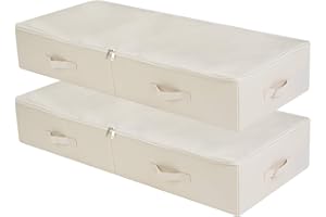 Amonsen 2er-Pack, 100cm Unterbett-Aufbewahrungsbox mit Deckel, faltbar & waschbar, beschriftbare Tasche & 6 Griffe, Beige