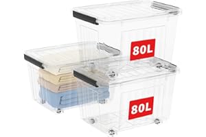 Cetomo 80L*3 Storage Boxes with Wheels, Plastic Storage Bins with Lids, Latching Buckles, Click Closure, Stackable, Nestable, Organizer for Home Office Clothes, Clear, 80L-3 Pack