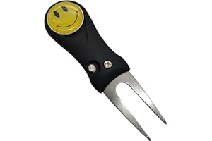 GOLF GUY GIFTS Golf Divot Repair Tool with Smiley Face Magnetic Ball Marker | Quick Release Pop-up Button | Black with Yellow Ball Marker