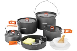 Odoland Set di Pentole da Campeggio 18 Pezzi per 1-5 Persone, Kit di Campeggio con 3 Pentole, 1 Padella e 1 Bollitore, per Campeggio Trekking Escursioni Viaggio Cucina Outdoor e Picnic