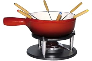 Baumalu, Service à Fondue Savoyarde en Fonte Émaillée Rouge, 20 cm, pour 6 personnes, comprenant 1 réchaud, 1 brûleur, 1 caquelon et 6 fourchettes