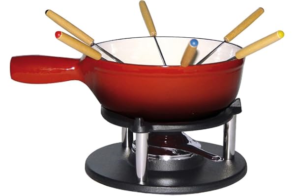 Baumalu, Service à Fondue Savoyarde en Fonte Émaillée Rouge, 20 cm, pour 6 personnes, comprenant 1 réchaud, 1 brûleur, 1 caquelon et 6 fourchettes