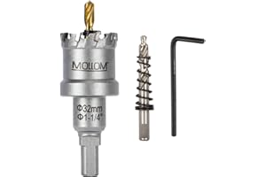 Mollom (32mm | 1-1/4") Scie cloche en carbure pour usage intensif avec 2 forets pilotes, coupe l'acier inoxydable, l'acier doux, le fer, le cuivre, le laiton et le plastique.