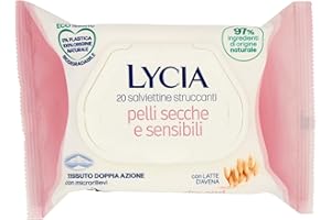 Lycia, Salviette Struccanti per Pelle Secca e Sensibile con Prebiotico e Latte d'Avena, Eco Tessuto Doppia Azione Biodegradabile, Formula Idratante, Protezione della Barriera Cutanea, 20 pezzi