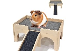 EYKSTA Wooden Guinea Pig House, Guinea Pig Hideout with Ramp, 4 Entrances Small Rabbit Castle House 38.5 x 25 x 18.5 cm