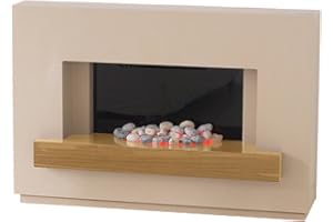 Adam Sambro Electric Fireplace Suite in Travertine with Oak Veneer Shelf, 2000 Watt
