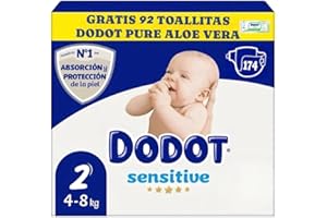 Dodot Sensitive Pañales, Talla 2 (4-8 kg), 174 Unidades, Barrera Stop Fugas, Ultra Suave+regalo 92 toallitas Dodot Pure Aloe Vera