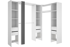 DEKIT GRUPO RIMOBEL SUIT - Composizione di Cabina Armadio angolare con due colonne, zona con barre appendiabiti e tenda – Bianco – 205 x 164-234 x 141 cm