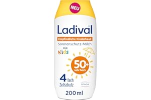 ‎LADIVAL Ladival Kinder Sonnencreme Milch LSF50+ für empfindliche Kinderhaut, Babys und Kinder ab 6 Monaten, extra wasserfest, 4-fach Zellschutz, 200ml