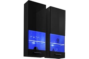 ExtremeFurniture Wall Hanging Cabinets T51 Black 2 Units, Carcass in Black Matt/Front in Black High Gloss + Blue LEDs