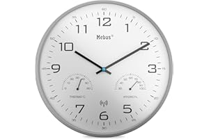 Mebus Nowoczesny radiowy zegar ścienny ze wskaźnikiem temperatury i wilgotności powietrza, 30 cm, zegar radiowy, salon, zegar kuchenny/model: 52842 / kolor: szary