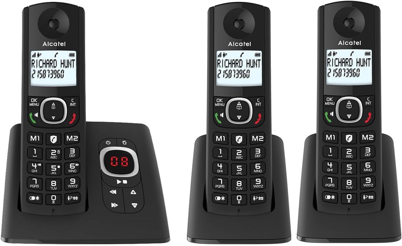 ALCATEL F530 Voice Trío - Teléfono inalámbrico DECT con contestador automático - Gran Pantalla retroiluminada - Altavoz - Bloqueo de Llamadas - 2 Teclas de Memoria Directa - 3 terminales - Negro