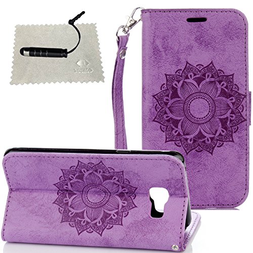Funda Piel con Tapa para Samsung Galaxy A5  2016  A510  Personalizada Flip Completa Case de Cuero Billetera para Samsung Galaxy A5  2016  A510  TOCASO Wallet Ultra Slim Cartera Carcasa Hermosa Mandala Flor en Relieve Cover  Fina con Ranura Para Tarjeta Bumper Antigolpes Anti Shock Antipolvo Protectora Cuero con Correa de Mano Card Holder Stand Funci  n Trasero Dura Caso para Chica Friends Estilo Libro Soporte Plegable y Cierre Magn  tico -Purpura   1x Negro Stylus Pen