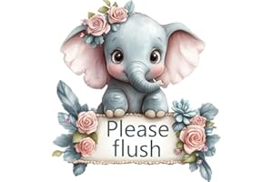 LAOGRAPHICS Cute Elephant Bathroom Rose Toilet Sticker, Non Transparent Waterproof Please Flush Flower Wall Art Decal Kids and Childrens Vibrant Loo Seat Sign with Roses