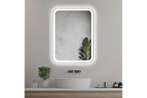HOME GLOW Venti 50x70 cm Prostokątne lustro łazienkowe z oświetleniem LED, Podświetlone lustro z włącznikiem, Zaokrąglone prostokątne lustro łazienkowe z naturalnym białym światłem, Podświetlane z przodu